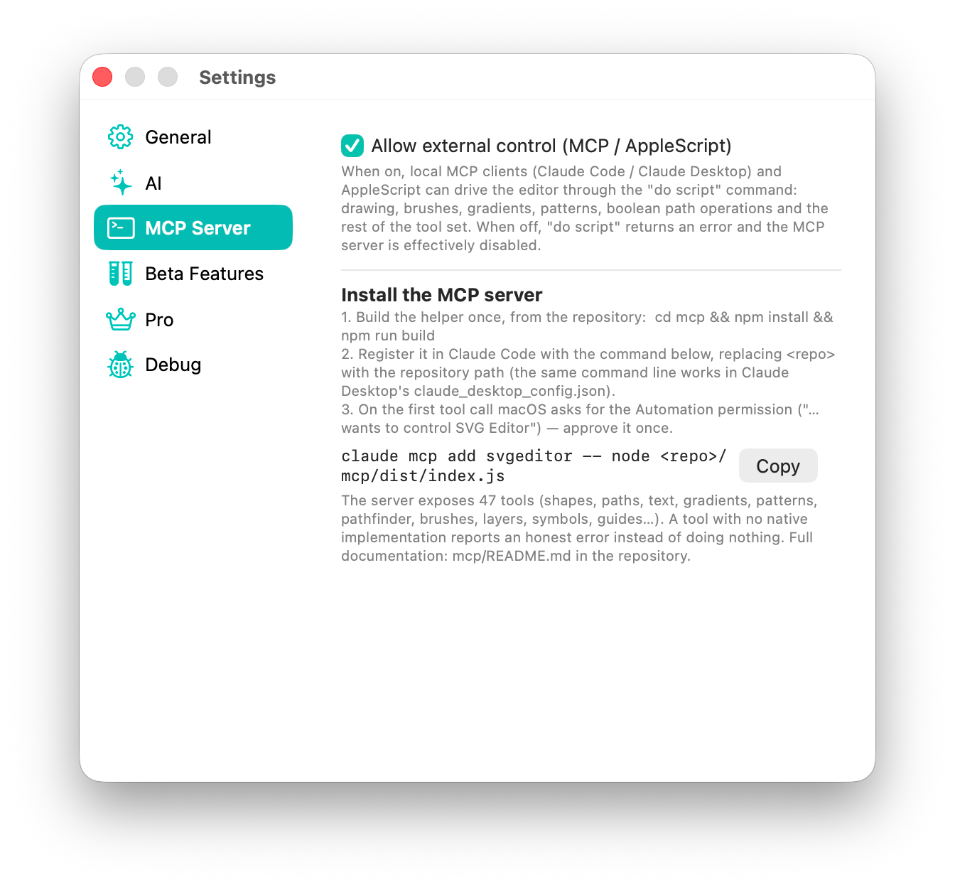 MCP Server settings with external control enabled