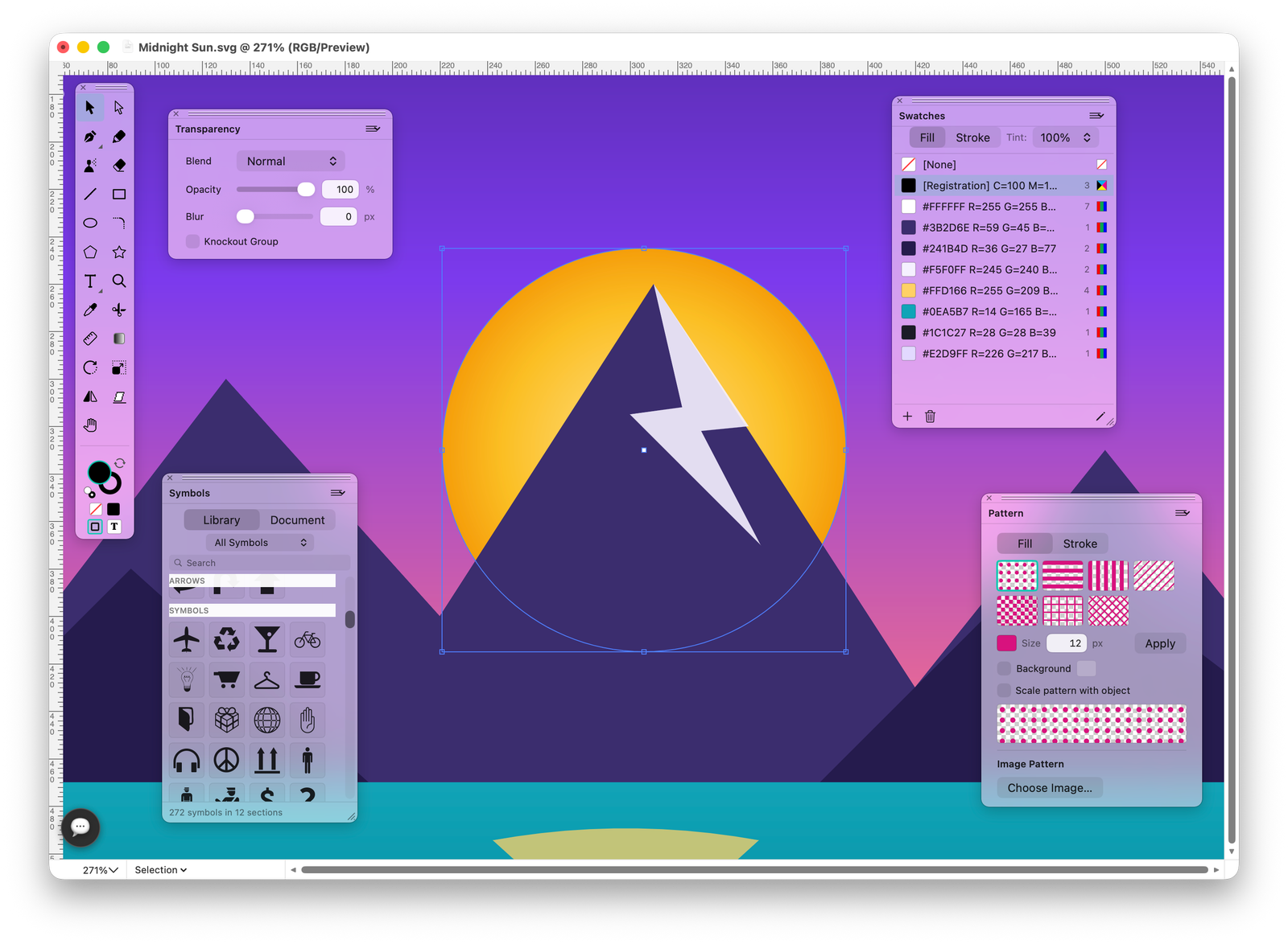 SVG Editor workspace with floating palettes and an illustration open on the canvas