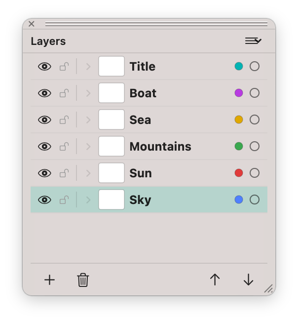 The Layers palette with named, color-coded layers